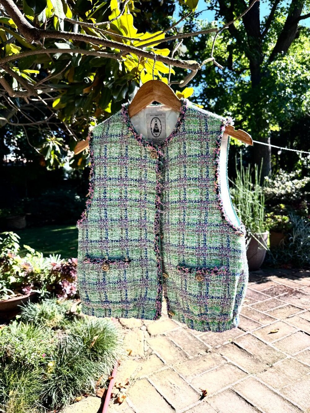 Leur Logette summer spring green tweed pattern vest size 1 S